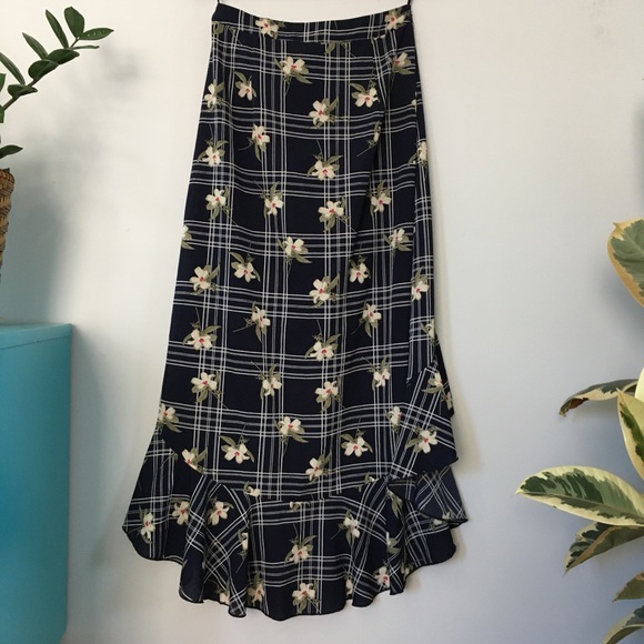 3/$30 Floral & Checks Faux-Wrap Ruffle Midi Skirt - Picture 2 of 4